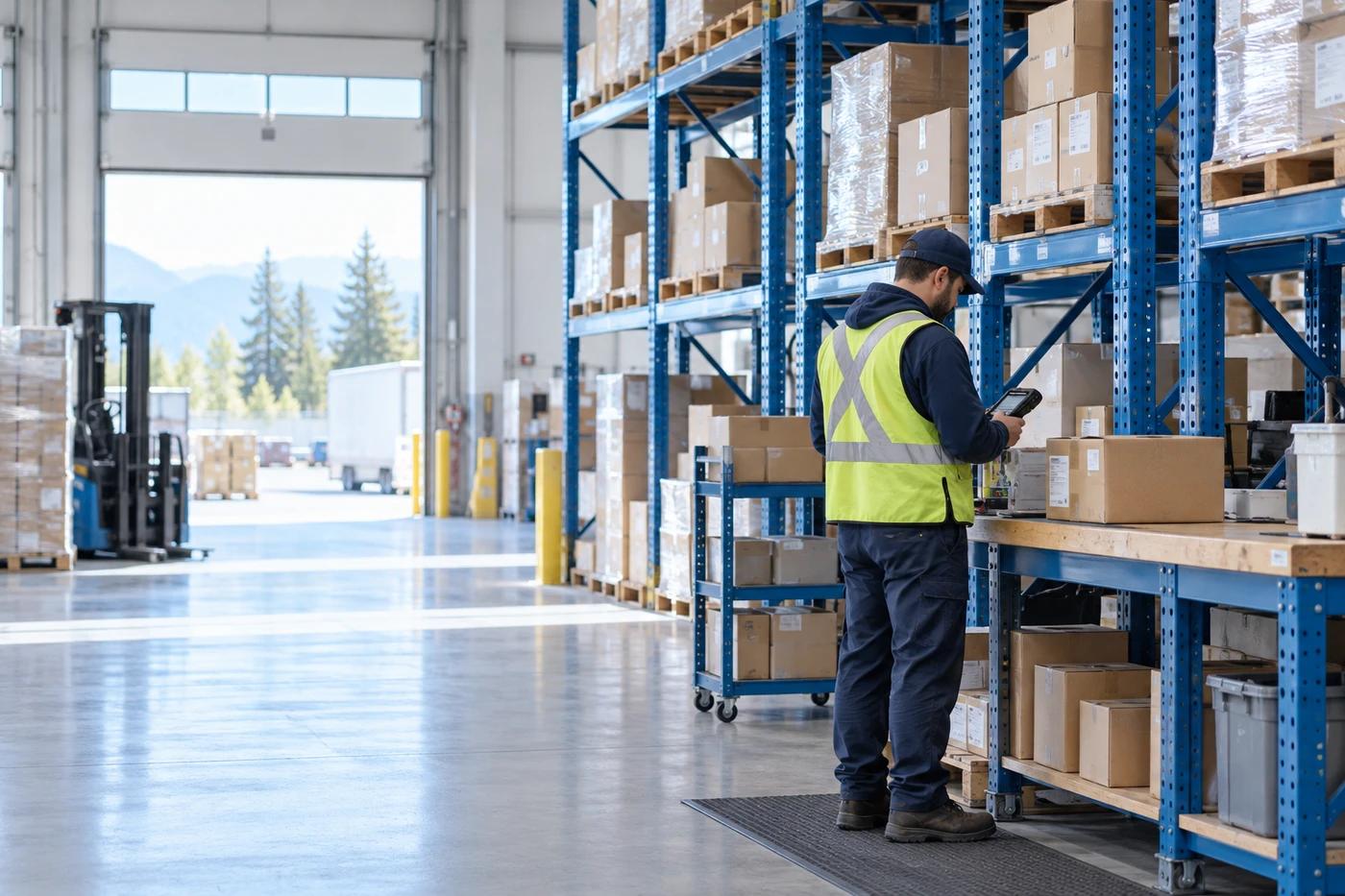 Illustration of a warehouse operator checking incoming goods beside blue storage racks